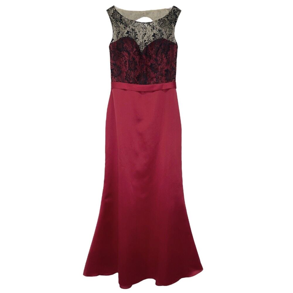 Da Vinci Formal Mermaid Maxi Dress 12 Black Sheer Lace Red Satin Mixed Media